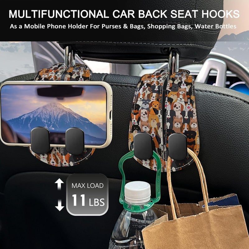 Blusabaca 2PCS Car Seat Back Storage Headrest Hooks, Cute Dogs Puppy Purse Holder Bags Hanger, PU Leather Double Metal Hook for Backseat Organizer, Women Car Accessories Organization - Image 3
